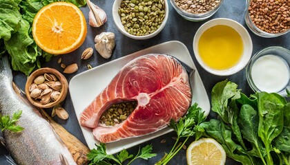 Balanced Diet Food Background: Organic Superfoods, Meat, Fish, Legumes, Nuts, Seeds, and Greens for Healthy Nutrition