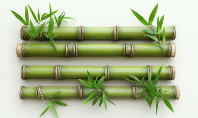 Fototapeta premium Green bamboo stalks arranged horizontally with fresh leaves, set against a neutral background