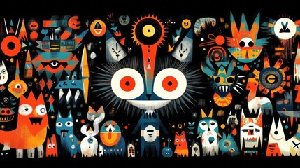Colorful whimsical folk art style illustration with many creatures