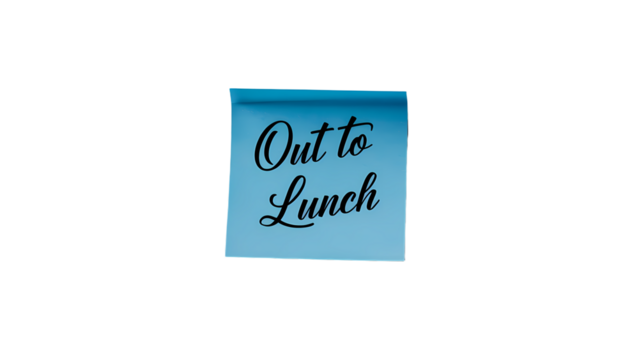Out to Lunch message written on  sticky note posted on transparent background - Powered by Adobe