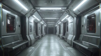 Futuristic spaceship corridor with metallic walls, benches, and doors.