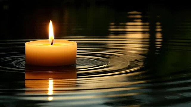 A single lit candle floats on dark water, creating concentric ripples.