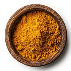 Turmeric powder in wooden bowl on white background