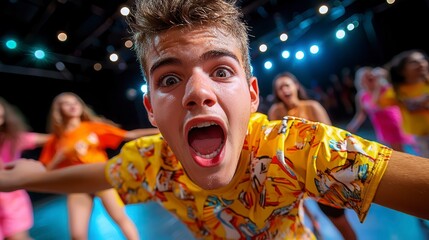 A joyful young performer captivates the audience with an enthusiastic expression, dressed in a vibrant, patterned shirt, surrounded by fellow dancers on stage.