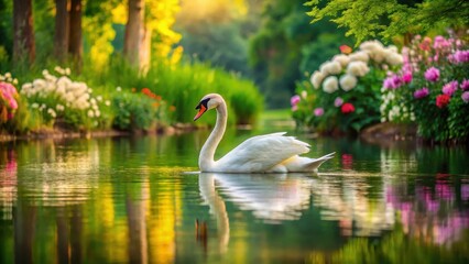 Obraz premium A serene and peaceful scene with a majestic white swan floating elegantly on the calm surface of a tranquil lake surrounded by lush greenery and vibrant flowers , beauty, natural