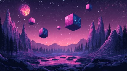 Fototapeta premium Pixel Art Landscape with Floating Cubes Forest and a Glowing Moon at Night