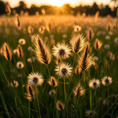 Dandelion in the field under the golden sky as the sun sets.