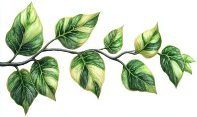 Fototapeta premium Lush green vine with variegated leaves extending gracefully against a white background