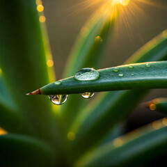 Morning dew drops on fresh green grass with water droplets reflecting the light in a close-up macro shot of nature's freshness