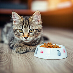 A cute cat enjoying food with a cup of tea and a cup of coffee in a cozy home setting