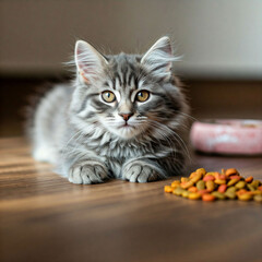 White kitten cat sitting on a table with green eyes, looking cute and curious