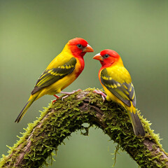 A colorful red and yellow sparrow perches on a branch with colorful feathers in a tropical setting.