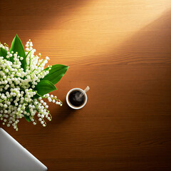 Snowdrop bouquet with gift box on wooden surface with tea cup