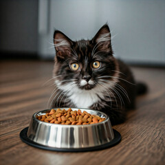 Adorable cat enjoying cake from a bowl with cute fluffy fur and bright eyes