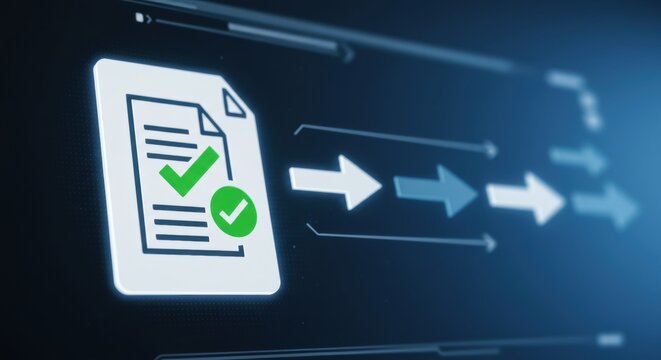 Document Approval Workflow with Green Check Marks and Arrows Illustration