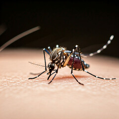 Close-up of a mosquito sucking blood on skin with detailed focus on the insect's features