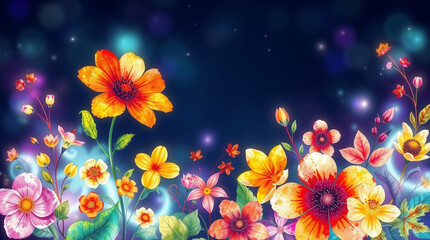 Obraz premium Enchanted floral garden with a starlit night, whimsical botanical illustration