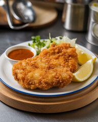 Japanese fried chicken cutlet served with shredded cabbage