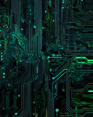 Fototapeta premium Abstract tech-inspired circuit board background with glowing blue and green lines over a dark metallic surface, evoking a futuristic and high-tech feel.