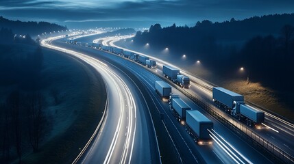 Obraz premium Long exposure shot of a convoy of trucks driving on a highway at night with light trails