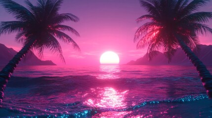 Vaporwave Sunset with Silhouetted Palm Trees on a Pink and Purple Beach