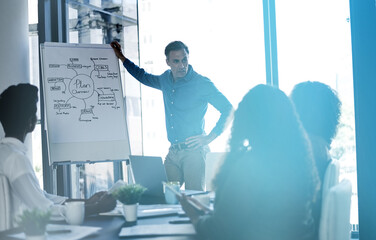 Whiteboard, business man and presentation in meeting for social media marketing, ads or campaign strategy. Team, training and leader in workshop for coaching, brand promo and creative plan in startup