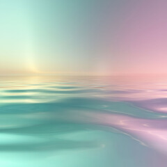 Obraz premium A serene, colorful ocean scene featuring a gradient sky and mirrored colors on the waters surface The water displays gentle ripples, shades of teal, blue, and green, suggesting depth - AI-Generated