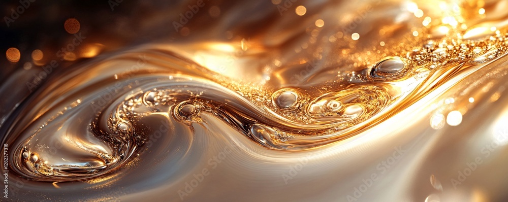 Poster golden liquid flowing and forming bubbles with bokeh effect