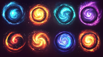 Naklejka premium Collection of Colorful Cosmic Spiral Galaxy Backgrounds in a Dark Environment