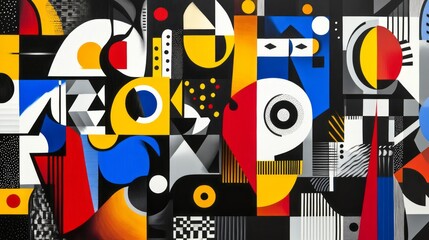 Abstract geometric composition uses bold primary colors and patterns