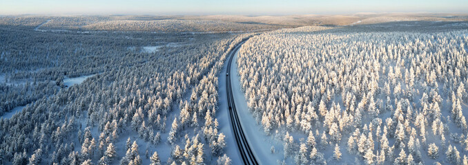 Aerial view of the road between Ivalo and Saariselka, Finland