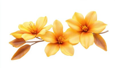 Obraz premium Vibrant yellow flowers in full bloom with delicate petals and green leaves against a white background