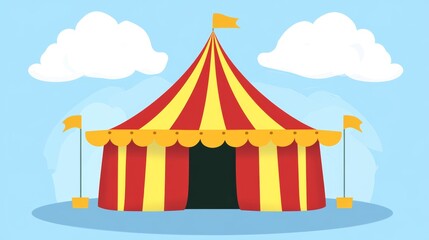 Colorful circus tent standing proudly against a blue sky with fluffy clouds