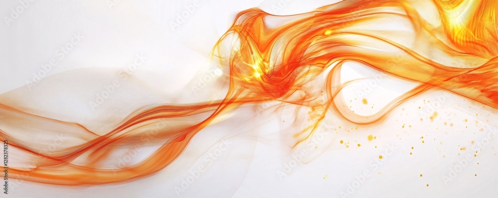 Poster Abstract orange wavy lines flowing with golden particles on white background