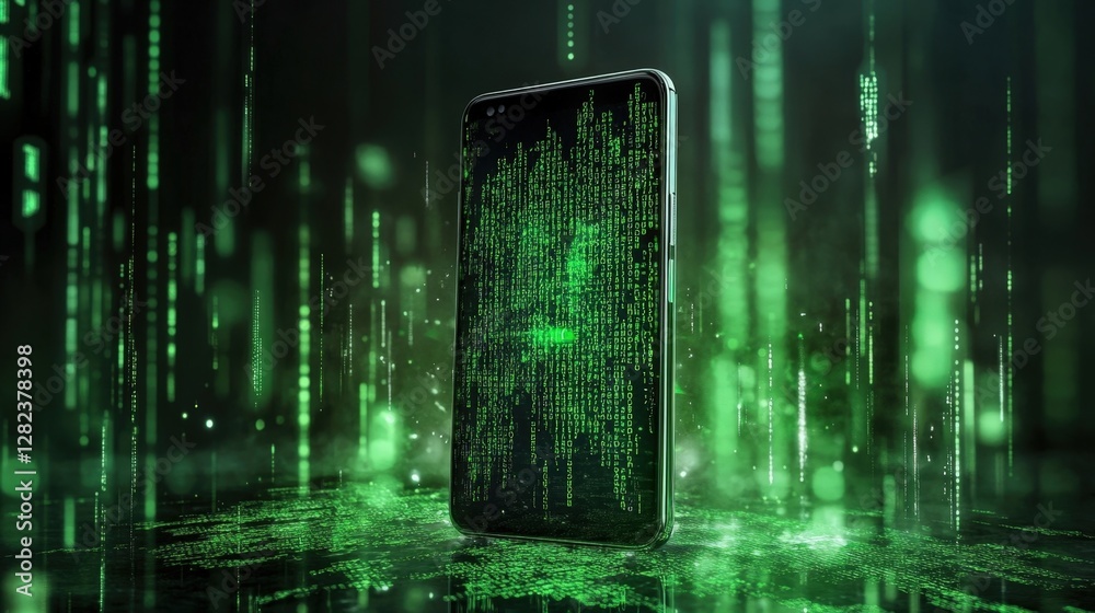 Poster modern smartphone displaying cascading green matrix style code on its screen, suggesting concepts of