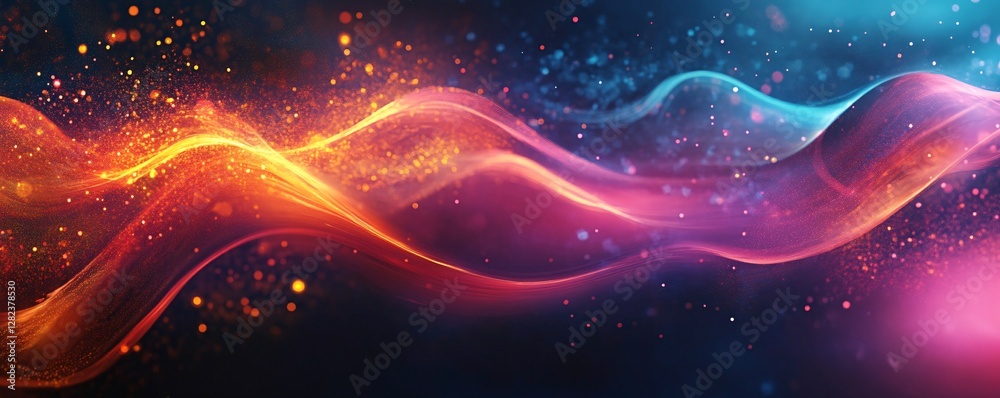 Poster abstract colorful particles flowing across dark background
