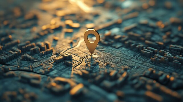 Detailed topographic view of an urban area with a location pin highlighting a specific point in the city