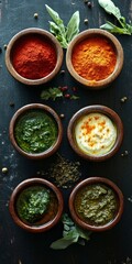 Assorted spices and sauces in wooden bowls on dark rustic surface