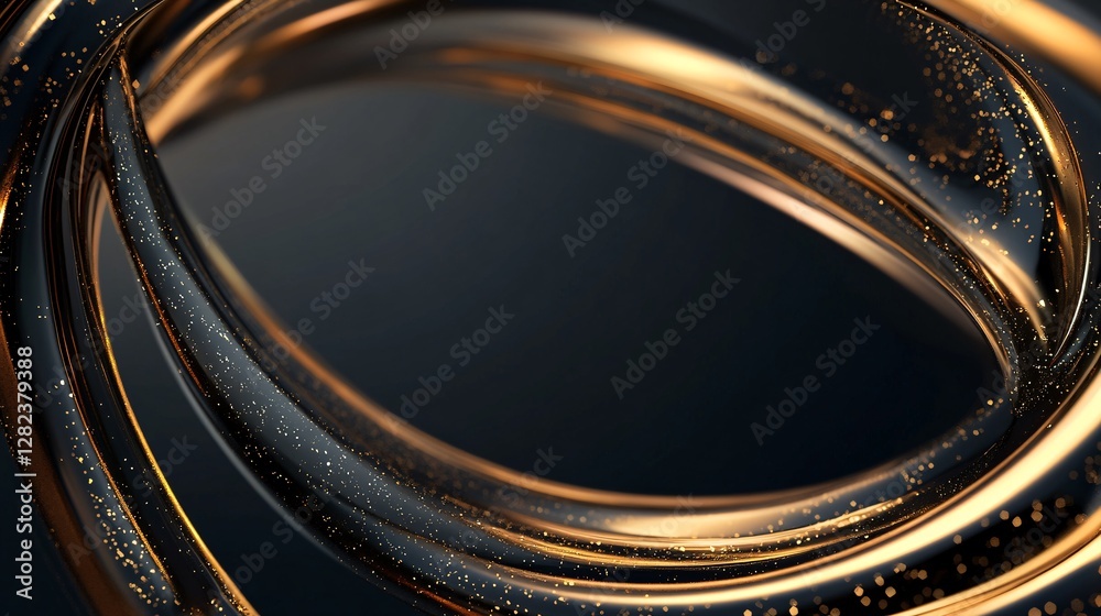 Poster abstract golden rings rotating on dark background with glitter particles