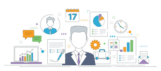 Thin line icons design in vector illustration of business management tools, including analytics, communication, and scheduling, symbolizing productivity.