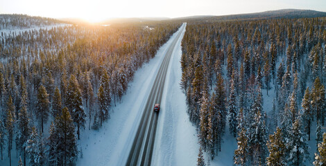 Aerial view of the road between Ivalo and Saariselka, Finland