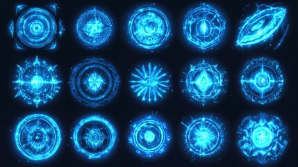 Collection of Fifteen Glowing Blue Magic Circle Designs on Dark Background