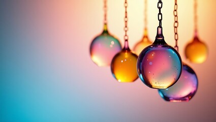 Hanging iridescent orbs on chains - ethereal beauty - abstract art background.