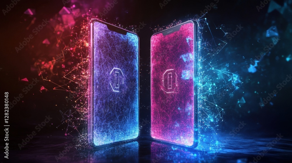 Poster two smartphones are displaying closed padlock icons and exchanging data through a futuristic network