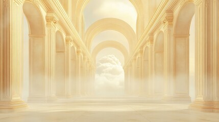 Luxurious Golden Palace Background with Arched Doorways and Soft White Cloud in the Distance

