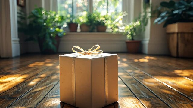 Sunlit gift box on wooden floor.