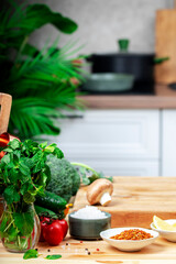 Wholesome Cuisine, Culinary Passion, Food Blogging, and Eating Vibes. Oak Cutting Board with Fresh Veggies in a Warm Kitchen Setting