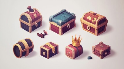 Obraz premium Isometric Treasure Chests Set in Pixel Art Style on a Seamless White Background