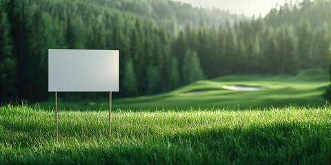 Blank banner or yardsign in golf course. Green grass golf course in background. Template for golf tournament poster.