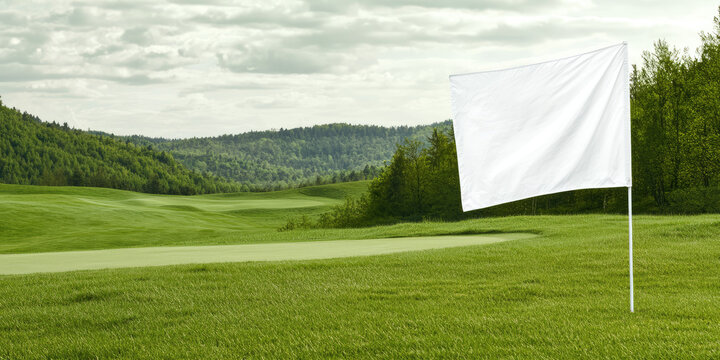 Blank banner or yardsign in golf course. Green grass golf course in background. Template for golf tournament poster.
